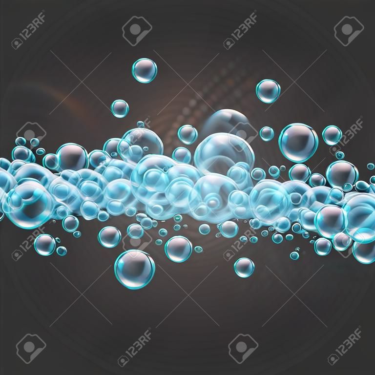 Shampoo raya de burbujas de agua realista sobre fondo transparente. Limpieza de espuma de jabón líquido. Para pancarta, folleto, invitación. Piscina, parque acuático, buceo.