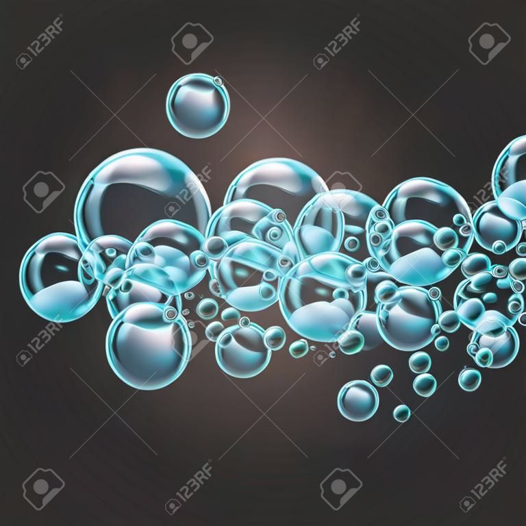 Shampoo raya de burbujas de agua realista sobre fondo transparente. Limpieza de espuma de jabón líquido. Para pancarta, folleto, invitación. Piscina, parque acuático, buceo.