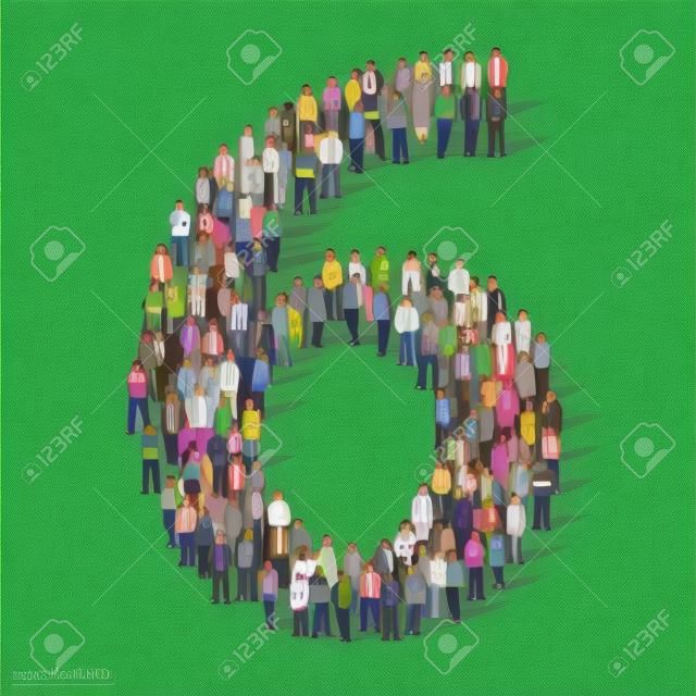 Gran grupo de personas en el número 6 de seis formulario. Ilustración vectorial