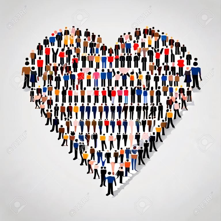 Gran grupo de personas en la forma muestra del corazón. Ilustración vectorial