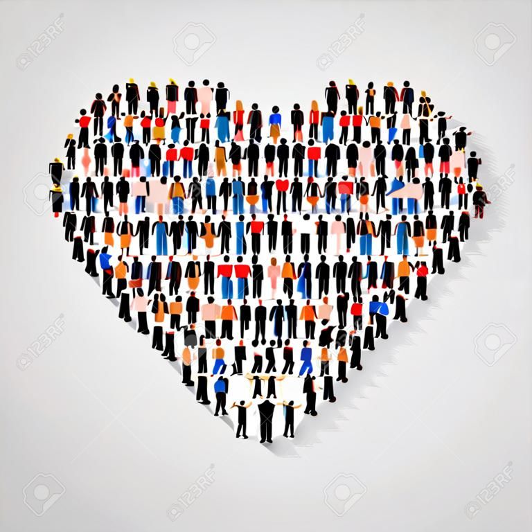 Große Gruppe von Menschen im Herzen Zeichenform. Vektor-Illustration