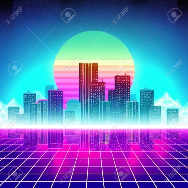 Retro neon city background. Neon style 80s. Vector illustration