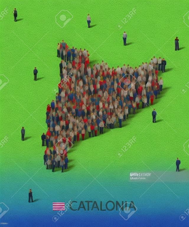 카탈로니아지도 형태로 사람들의 큰 그룹입니다. 카탈로니아 인구 통계 템플릿의 인구. 국민 투표 개념.