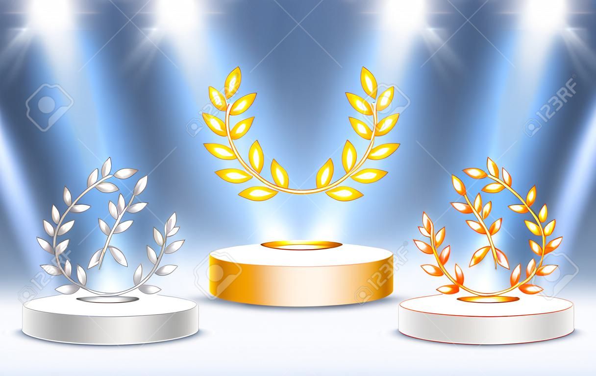 Stage podium with lighting, Stage Podium Scene with for Award Ceremony on blue Background, Vector illustration