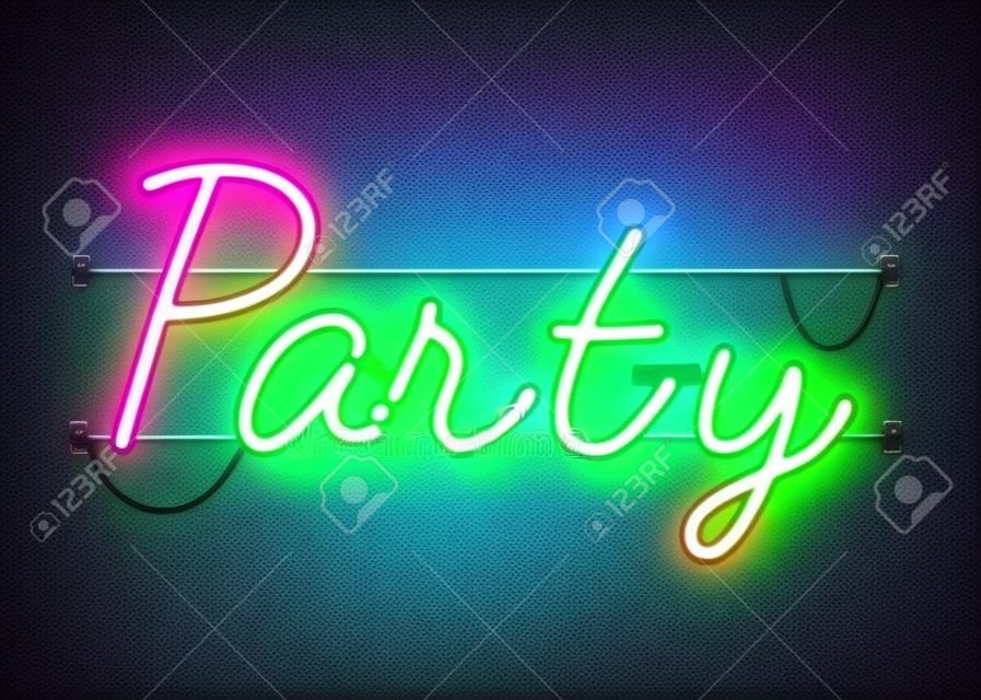 Neon sign, the word Party on dark background. Night life Background for your design, greeting card, banner. Vector illustration