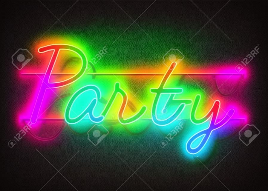 Neon teken, het woord Party op donkere achtergrond. Nachtleven Achtergrond voor uw ontwerp, wenskaart, banner. Vector illustratie