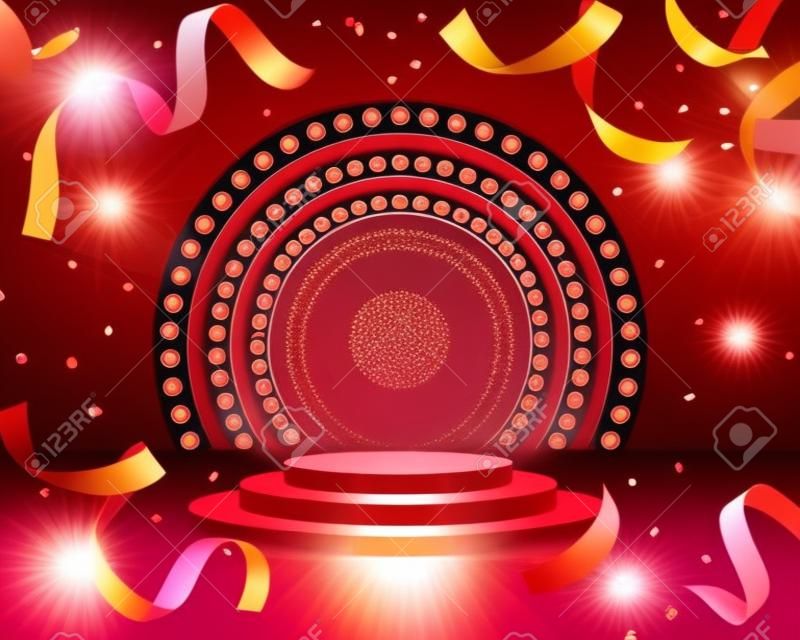 Stage podium with lighting confetti, Stage Podium Scene with for Award Ceremony on red Background, Vector illustration