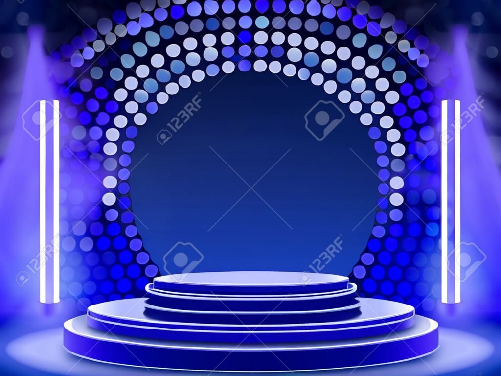 Podium podium met verlichting, Podium Scene met voor Award Ceremony op blauwe achtergrond, Vector illustratie