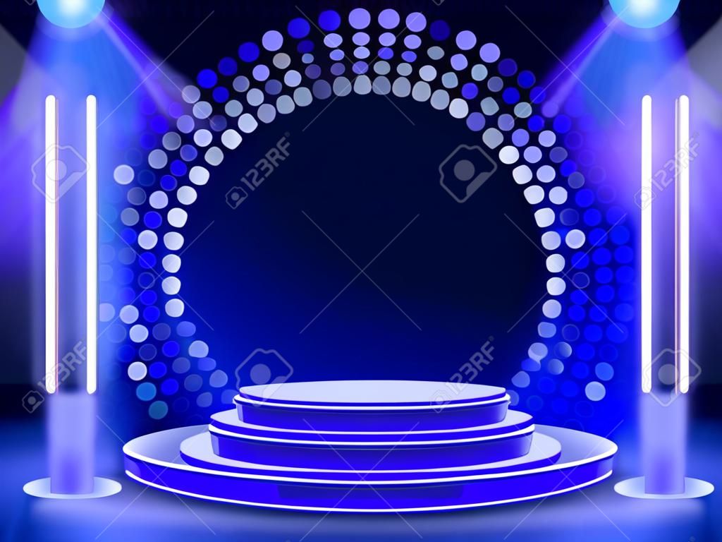 Podio del palco con illuminazione, scena del podio del palco con per la cerimonia di premiazione su sfondo blu, illustrazione vettoriale