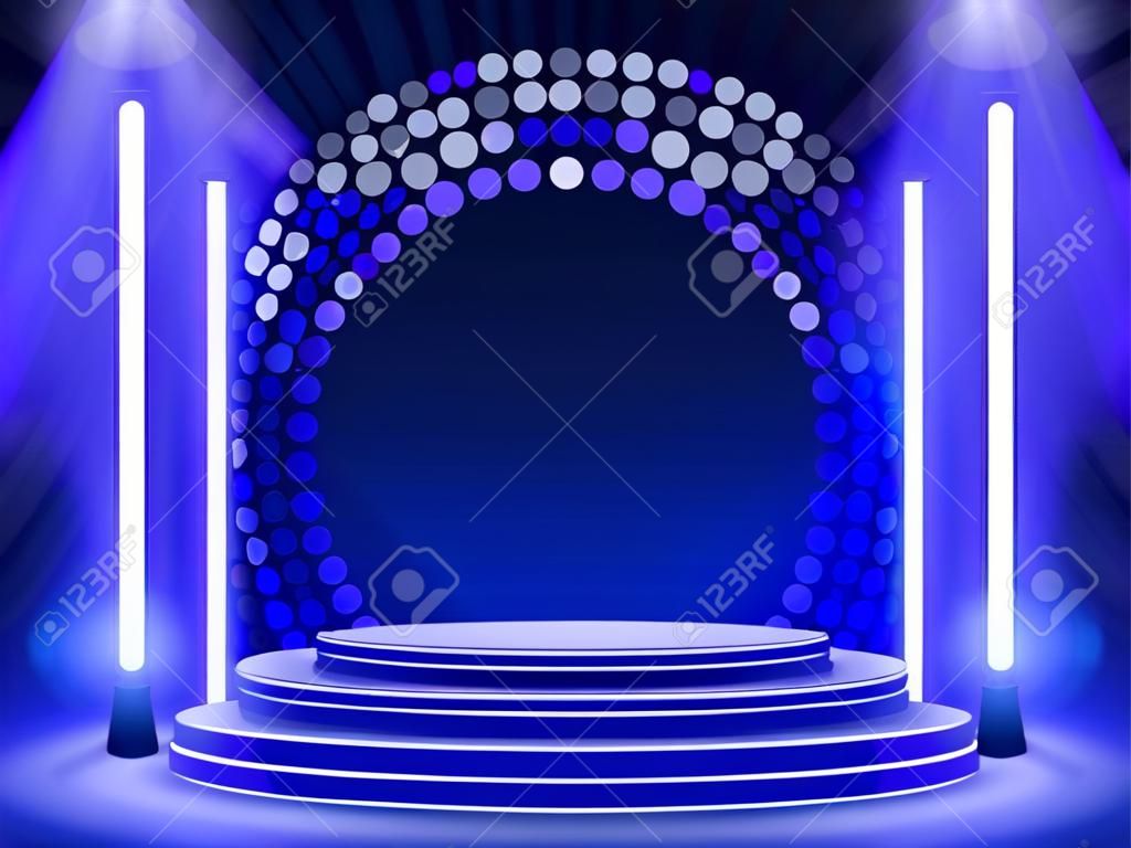 Podio de escenario con iluminación, Escena de podio de escenario con ceremonia de premiación sobre fondo azul, ilustración vectorial