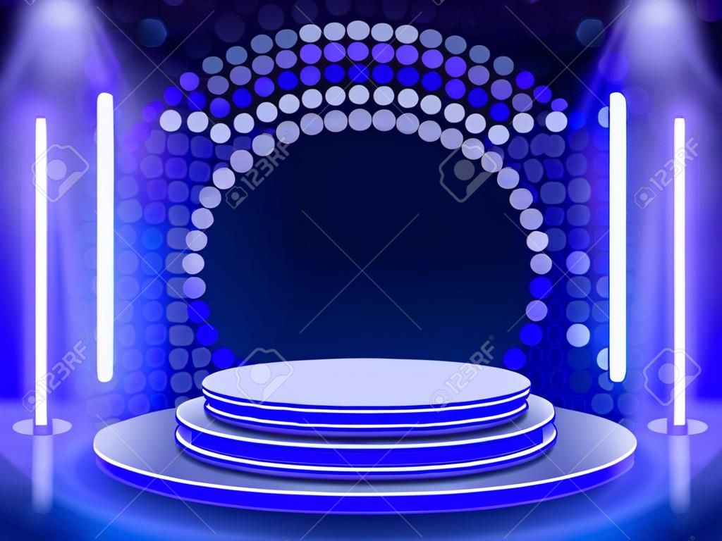 Bühnenpodest mit Beleuchtung, Bühnenpodest-Szene mit für Preisverleihung auf blauem Hintergrund, Vektorillustration
