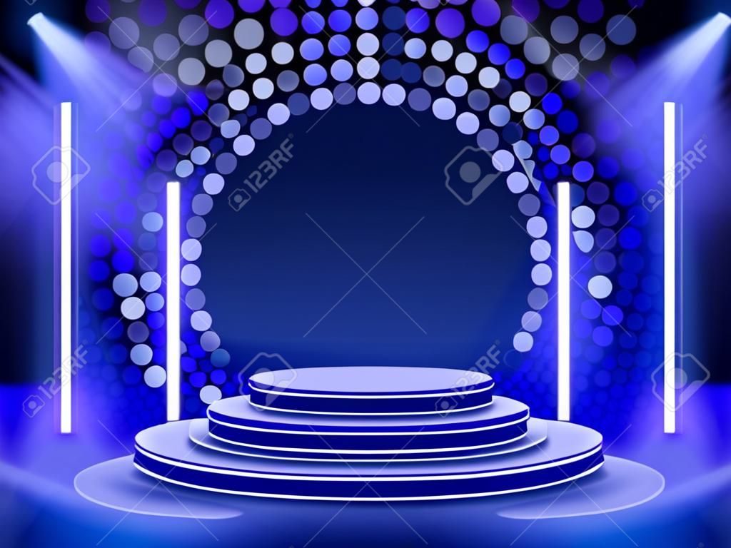 Púlpito de palco com iluminação, Cena de Podium de Palco com para a cerimônia do prêmio no fundo azul, ilustração vetorial