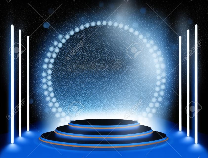 Podio de escenario con iluminación, Escena de podio de escenario con ceremonia de premiación sobre fondo azul, ilustración vectorial