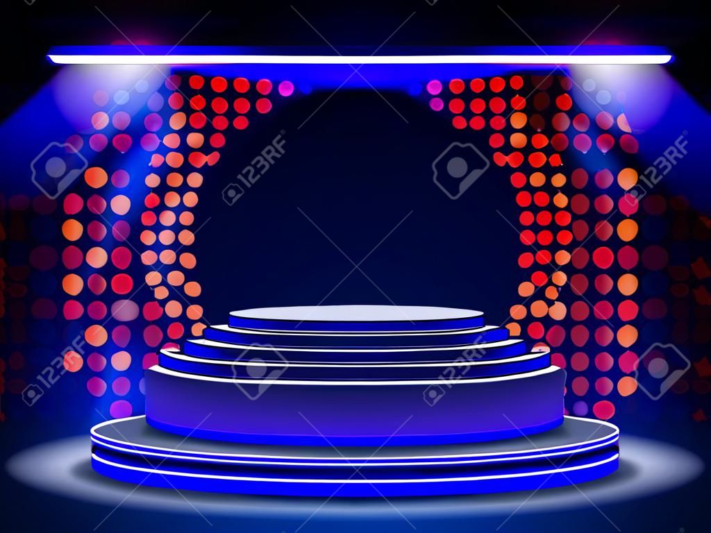 Stage podium with lighting, Stage Podium Scene with for Award Ceremony on blue Background. Vector illustration