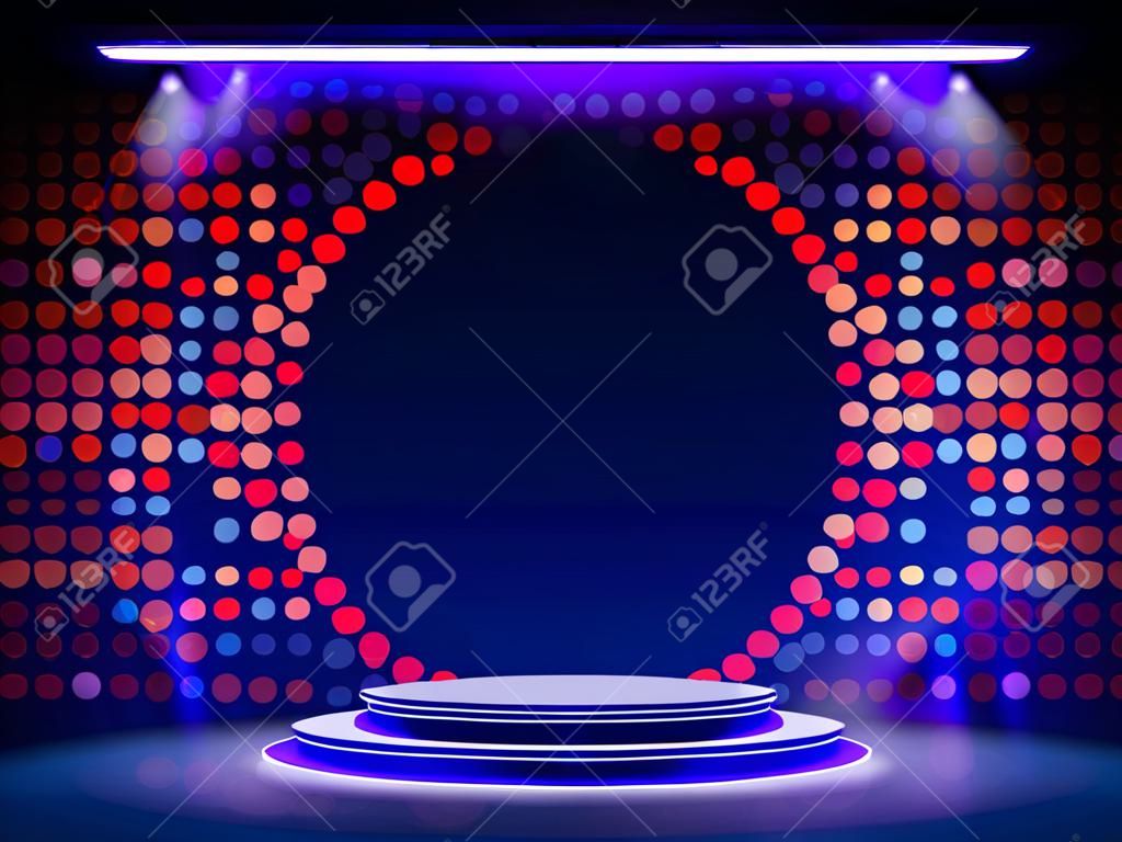 Stage podium with lighting, Stage Podium Scene with for Award Ceremony on blue Background. Vector illustration