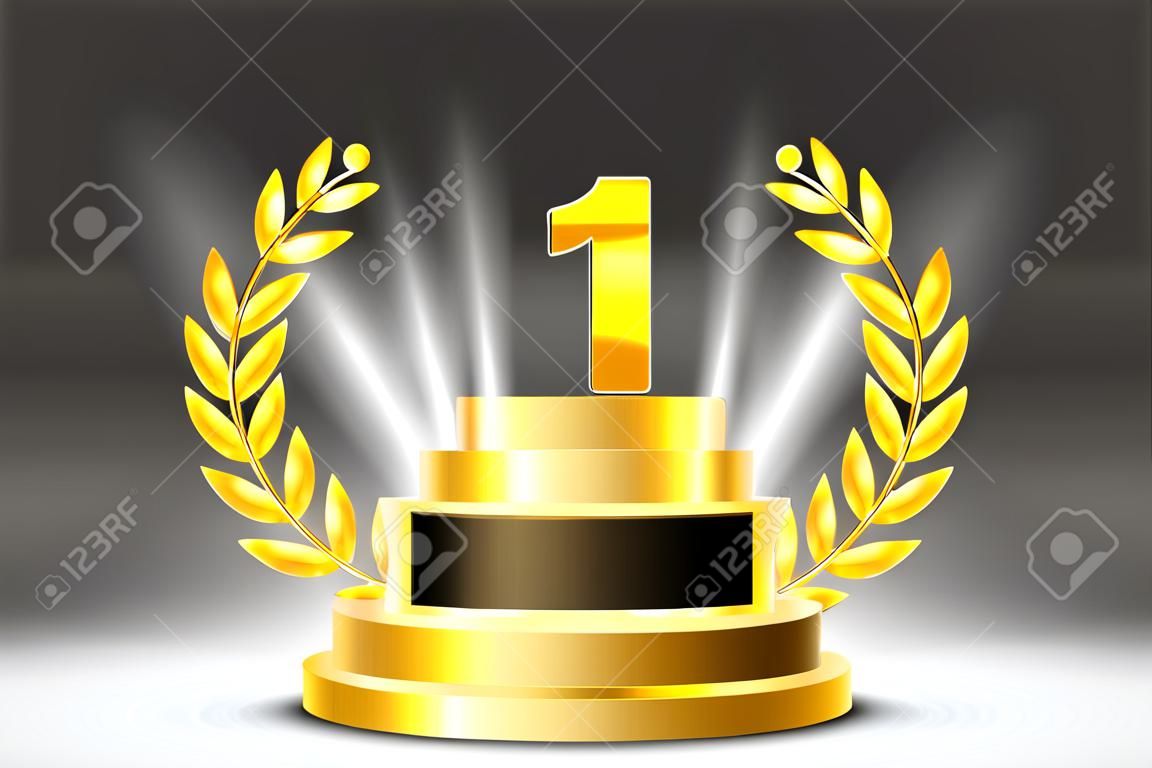 Top 1 best podium award sign, golden object. Vector illustration
