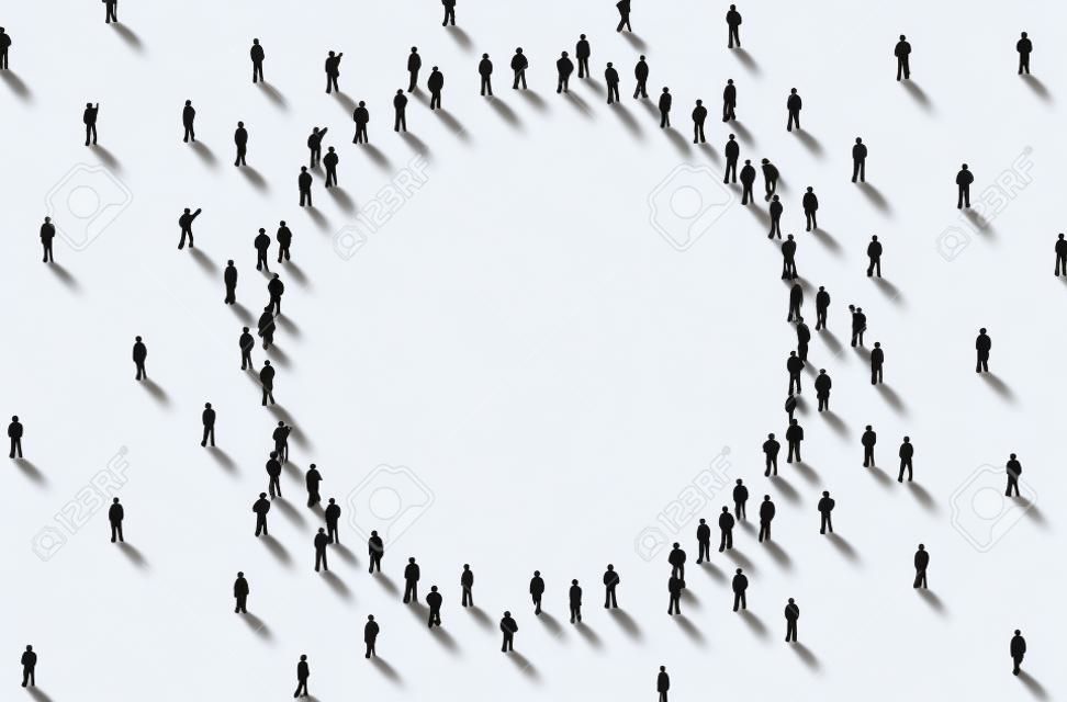 Grande gruppo di persone a forma di cerchio su sfondo bianco. Concetto di folla di persone.