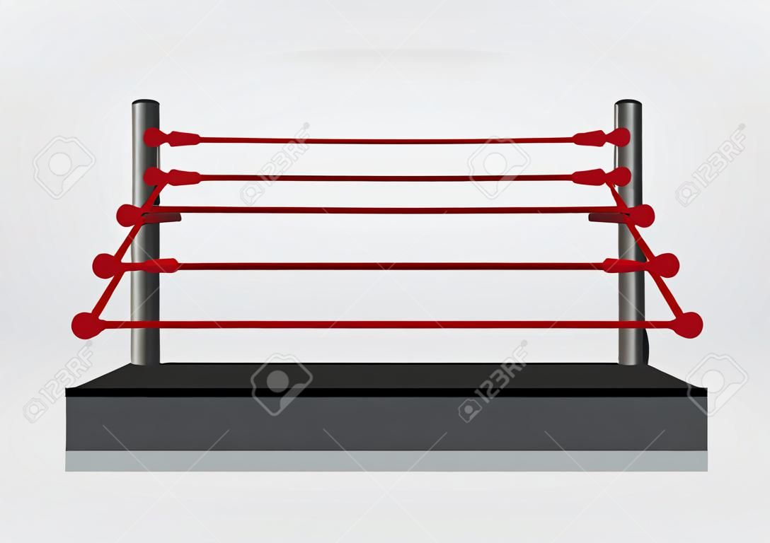 Vector illustratie van worstelen ring met verhoogde podium platform omgeven door rode ring touwen en stalen ring posten in perspectief zijaanzicht geïsoleerd op platte achtergrond.
