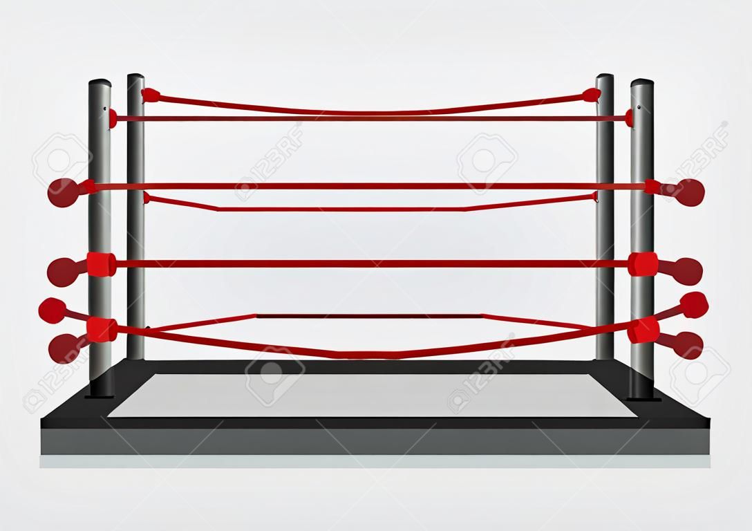 Vector illustration of wrestling ring with elevated stage platform surrounded by red ring ropes and steel ring posts in perspective side view isolated on plain background.