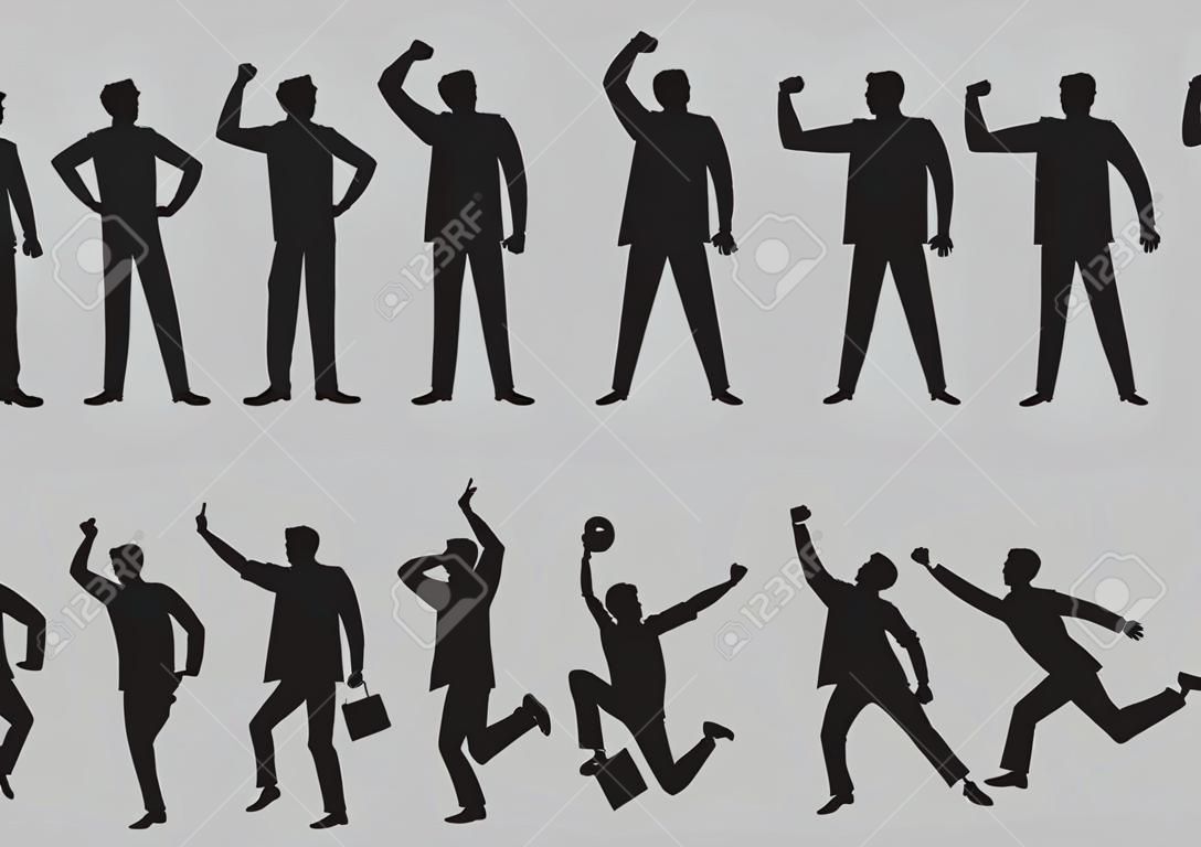 Черный силуэт для мультфильма человека в различных жестов и языка тела. Векторный характер иллюстрации, изолированных на сером фоне простой.