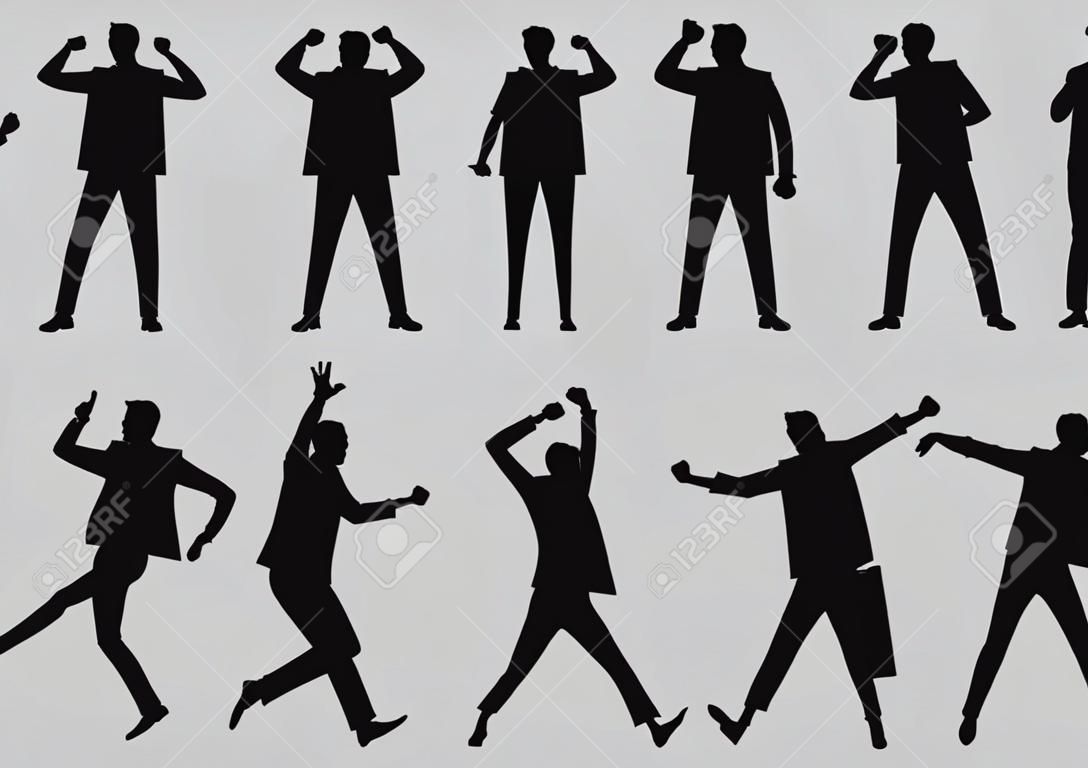 Schwarze Silhouette für Cartoon-Mann in verschiedenen Gesten und Körpersprache. Vektor-Zeichen-Abbildung auf einfachen grauen Hintergrund.