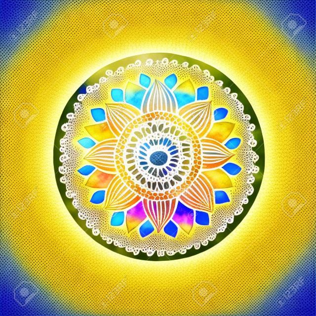Watercolor sunny mandala. Stylized sunflower. Element for design. Lace yellow pattern on white background. Vector illustration