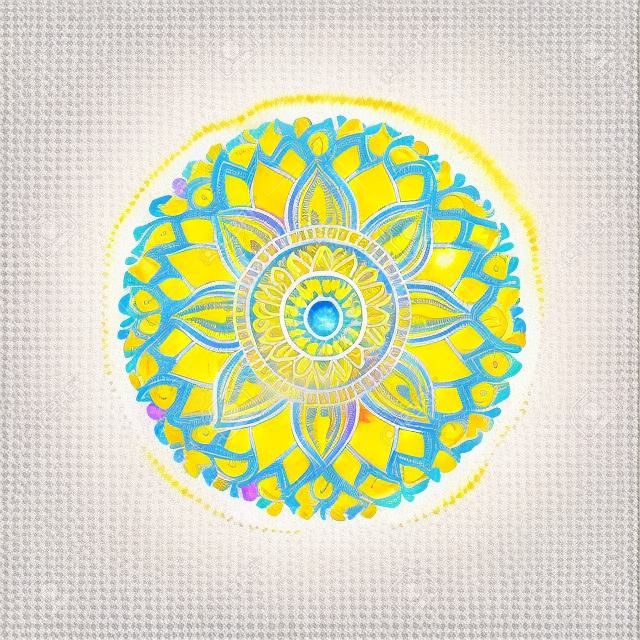Waterverf zonnig mandala. Gestileerde zonnebloem. Element voor design. Kant geel patroon op witte achtergrond. Vector illustratie