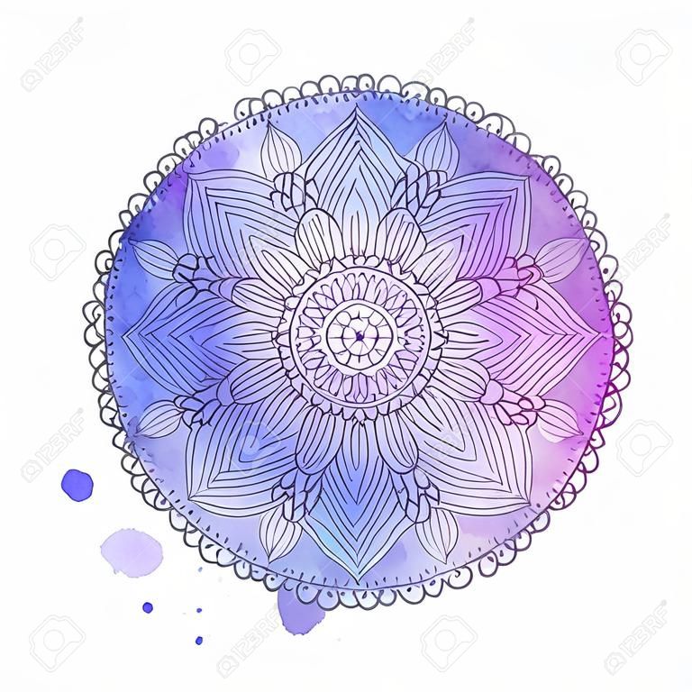 Watercolor mandala. Lace hand-drawn ornament on watercolor texture and splashes. Round pattern in oriental ethnic style. Vector element isolated on white background