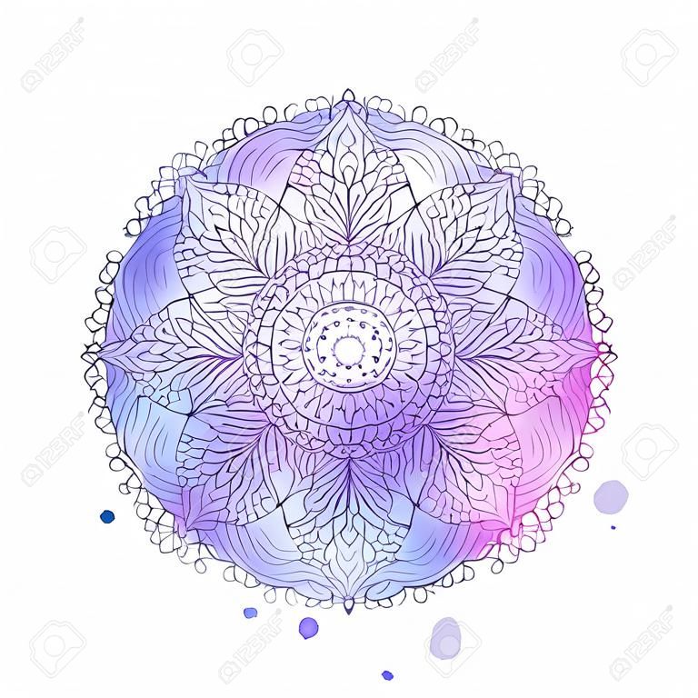Watercolor mandala. Lace hand-drawn ornament on watercolor texture and splashes. Round pattern in oriental ethnic style. Vector element isolated on white background