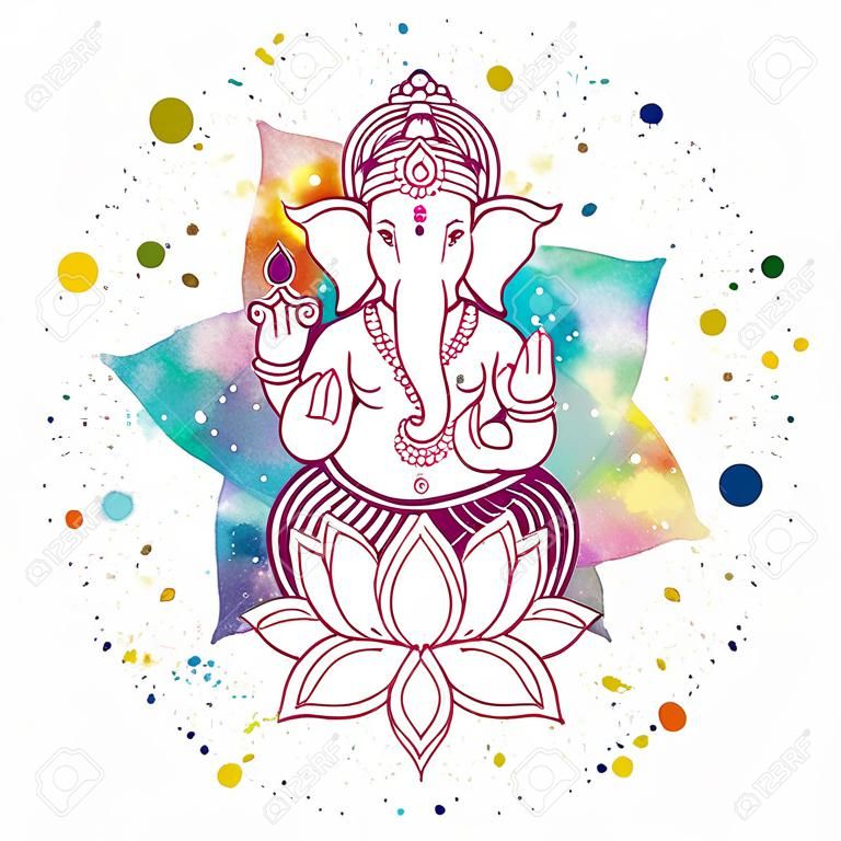 Ganesha, ya da Ganapati, Hindu'de lotus çiçeğinde Hint tanrısı, boya sıçraması ve suluboya mandalalı. Baskılar, web, şenlikli, Chaturthi davetiyeleri tasarımı için vektör illüstrasyonu.