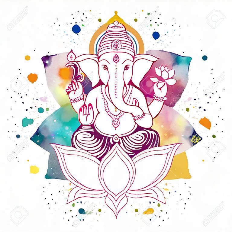 Ganesha, o Ganapati, divinità indiana nel indù in fiore di loto con spruzzi di vernice e acquerello mandala. Illustrazione vettoriale per la progettazione di stampe, il web, di festa, inviti Chaturthi.