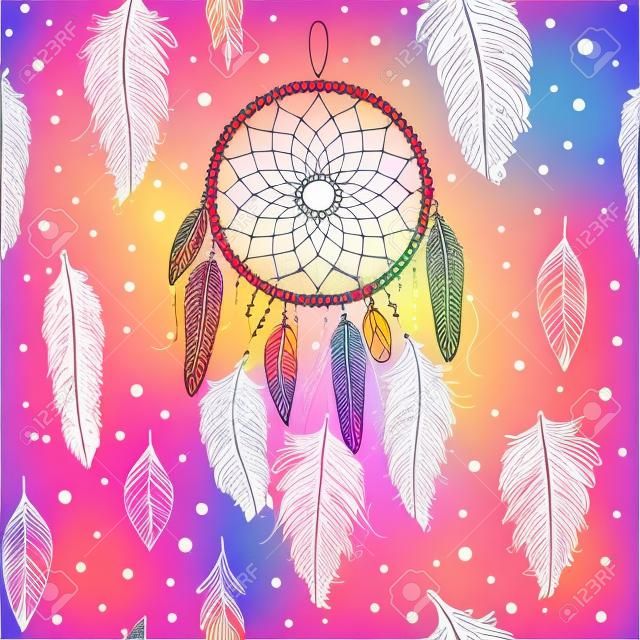 Colorful hand drawn dreamcatchers and feathers, and leaves, seamless pattern in boho ethnic style, vector background, can be used for fabric, wallpaper