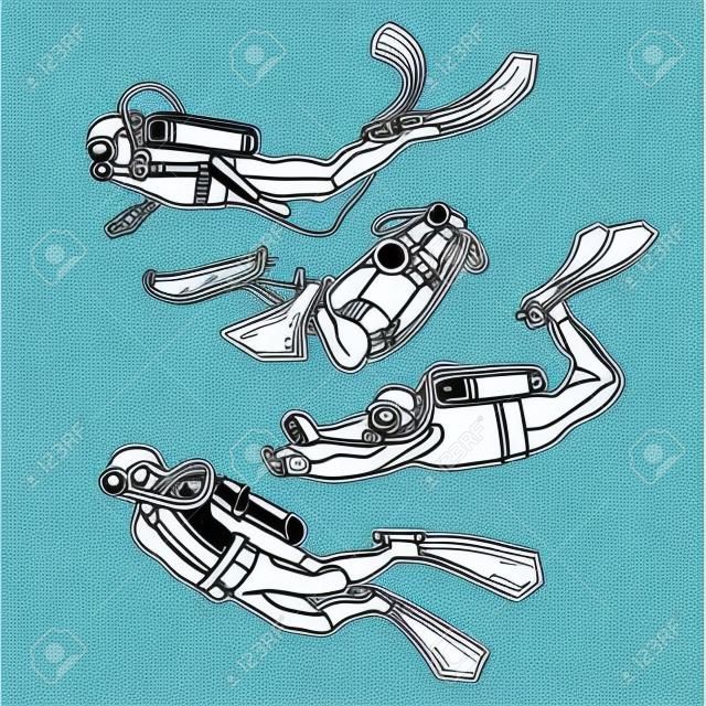 Graphic set of scuba divers drawn in line art style isolated on white background. Marine hobby. Ocean vector illustration. Coloring book page design