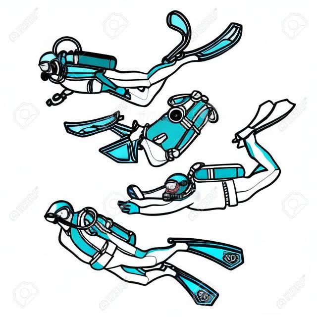 Graphic set of scuba divers drawn in line art style isolated on white background. Marine hobby. Ocean vector illustration. Coloring book page design
