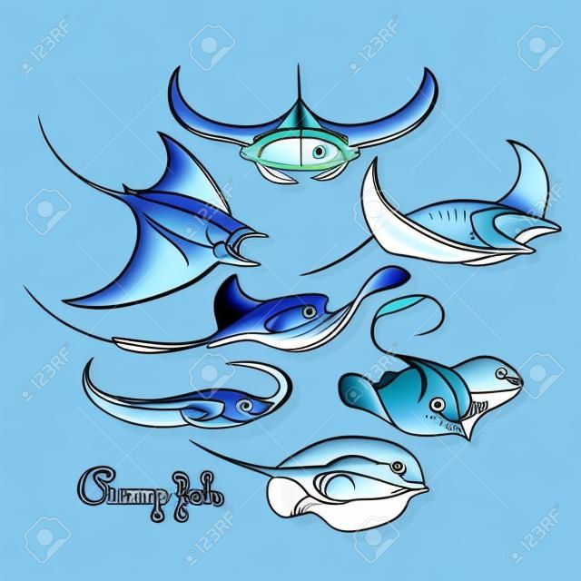 Coleção de peixes de cãibra gráfica desenhada em estilo de arte de linha. Raio de Manta elétrico vetorial isolado no fundo branco. Criaturas do mar e do oceano em cores azuis.