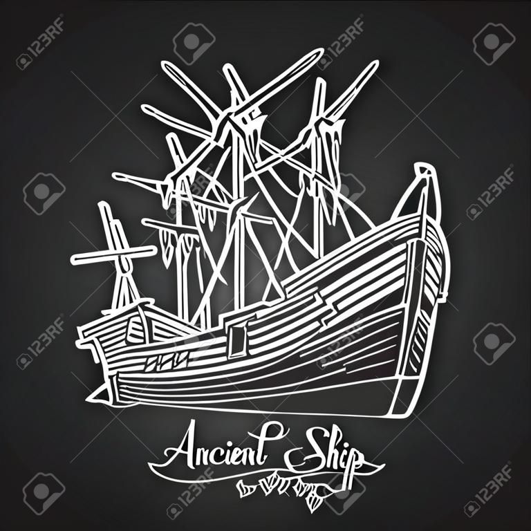 Ancient sunken ship. Graphic vector illustration isolated on chalkboard