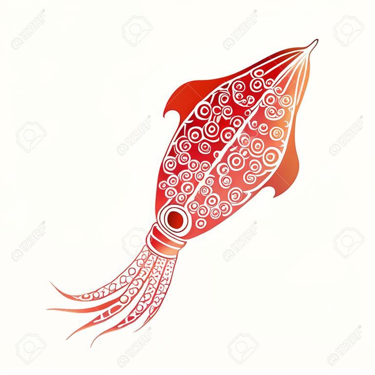 Graphic calamari vettore tracciato in stile art linea. Mare ed oceano creatura in colori rosso isolato su sfondo bianco. disegno da colorare pagina del libro