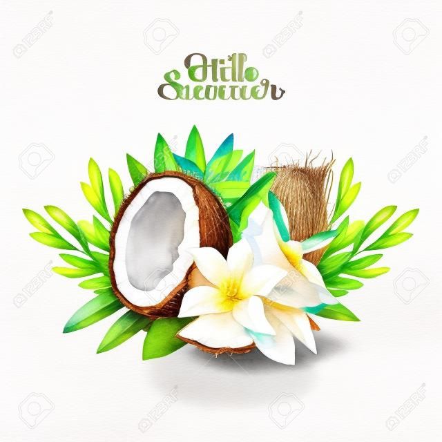 Watercolor vanilla flowers and coconut. Floral vignette. Hand painted natural design isolated on white background.