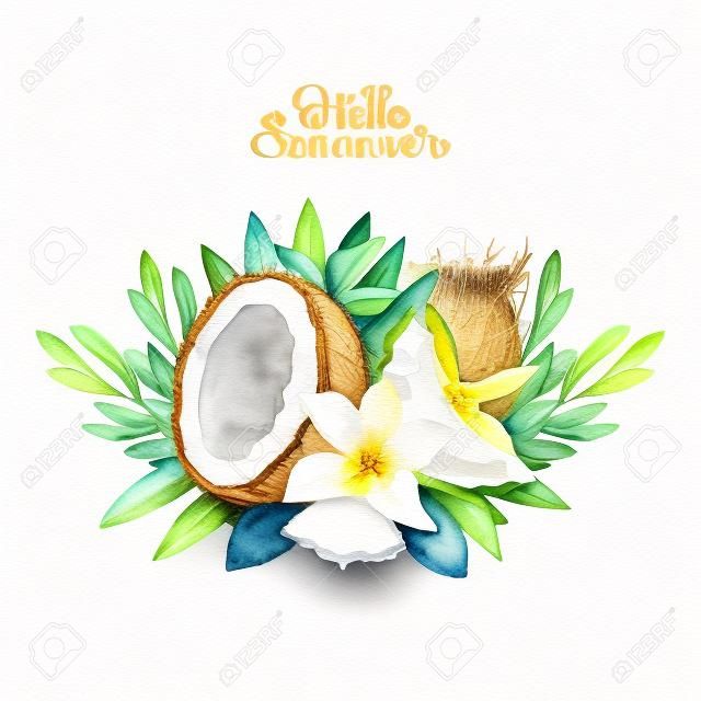Watercolor vanilla flowers and coconut. Floral vignette. Hand painted natural design isolated on white background.