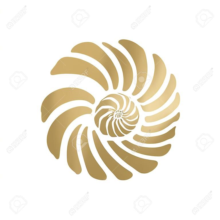 Graphic circle seashell isolated on white background. Tattoo art or t-shirt design in gold color