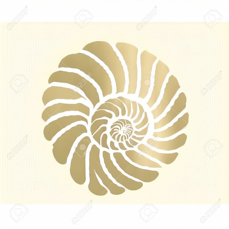 Graphic circle seashell isolated on white background. Tattoo art or t-shirt design in gold color