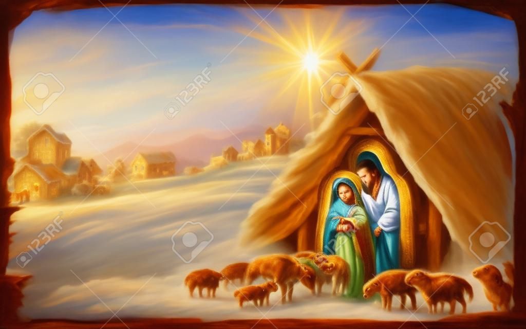 Tradycyjna scena bożonarodzeniowa ze świętą rodziną do różnych zastosowań