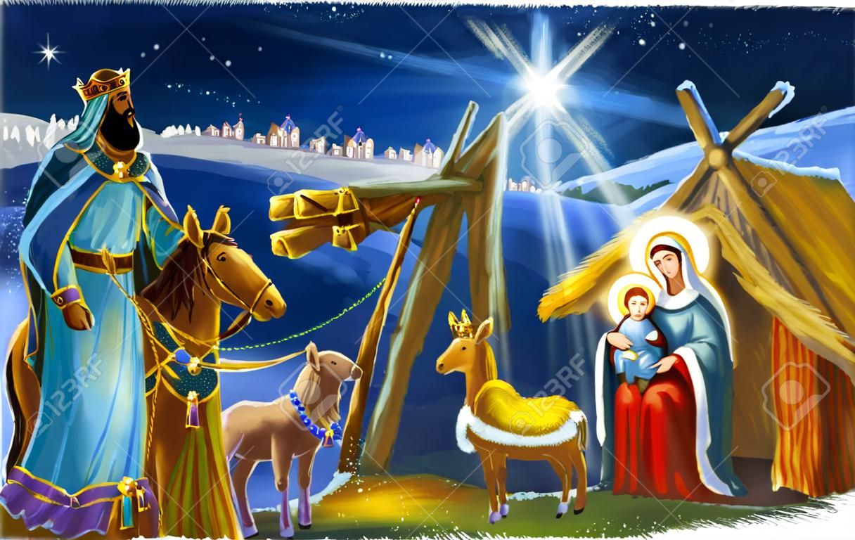 scena natalizia tradizionale con sacra famiglia e tre re per usi diversi - illustrazione per bambini