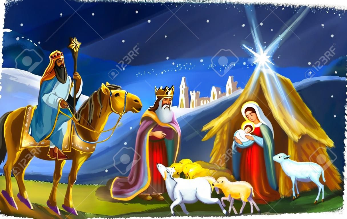 traditionelle Weihnachtsszene mit heiliger Familie und drei Königen für unterschiedliche Verwendung - Illustration für Kinder