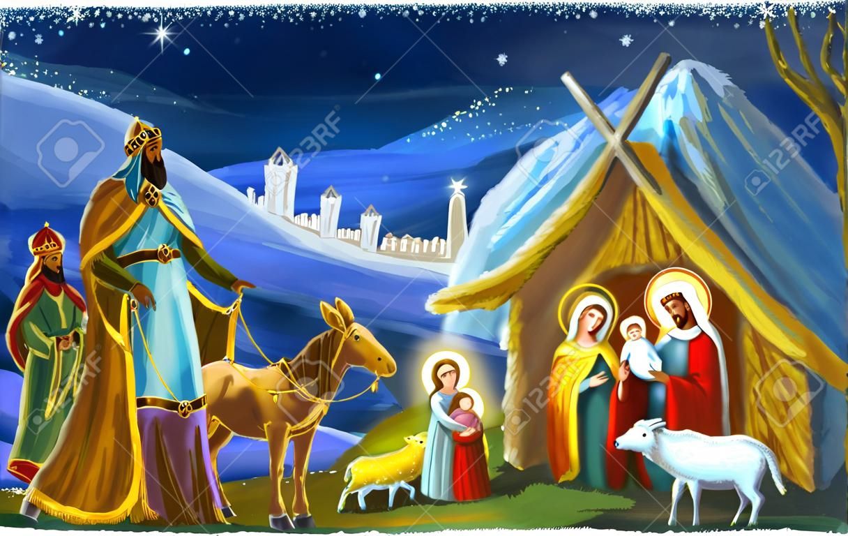 tradycyjna scena bożonarodzeniowa ze świętą rodziną i trzema królami do różnych zastosowań - ilustracja dla dzieci