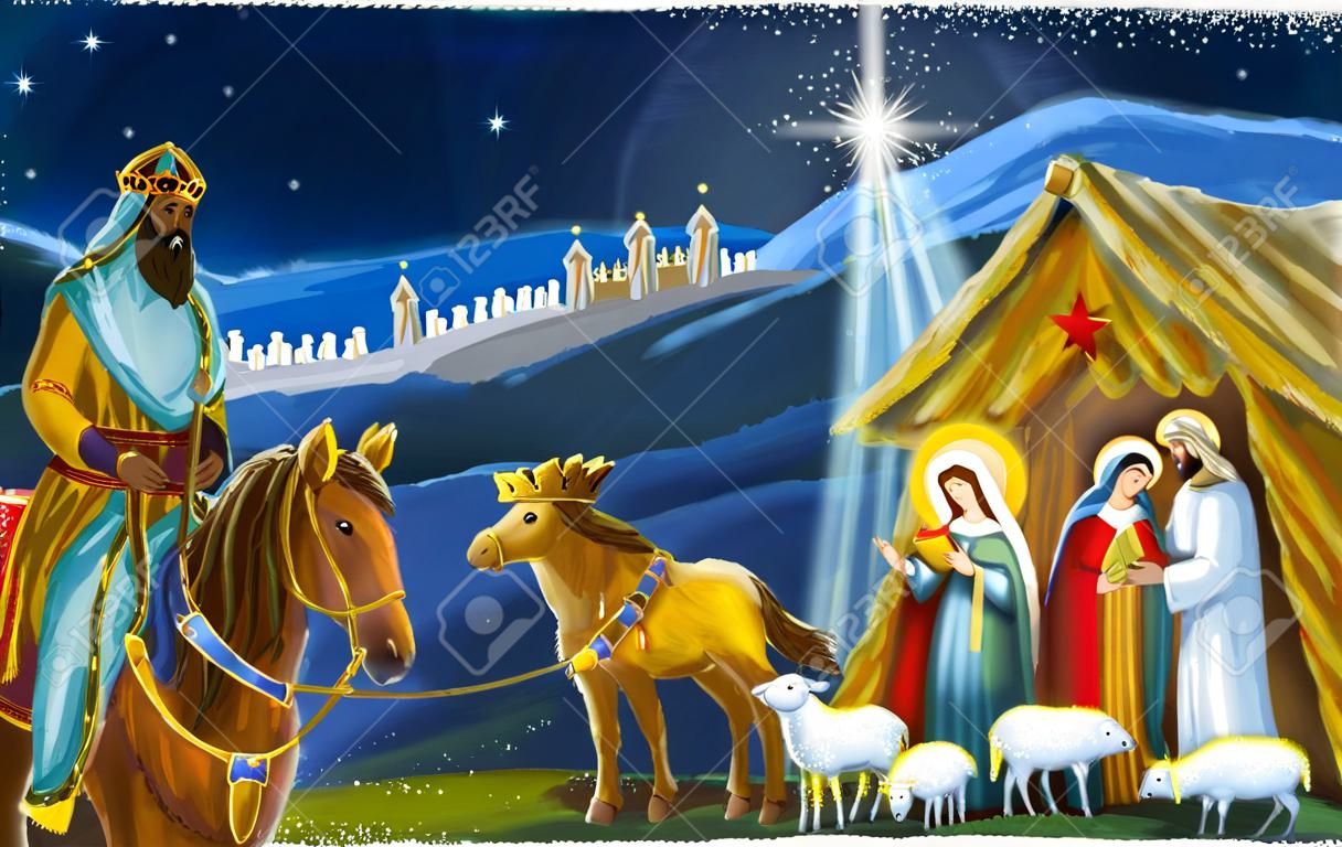 tradycyjna scena bożonarodzeniowa ze świętą rodziną i trzema królami do różnych zastosowań - ilustracja dla dzieci