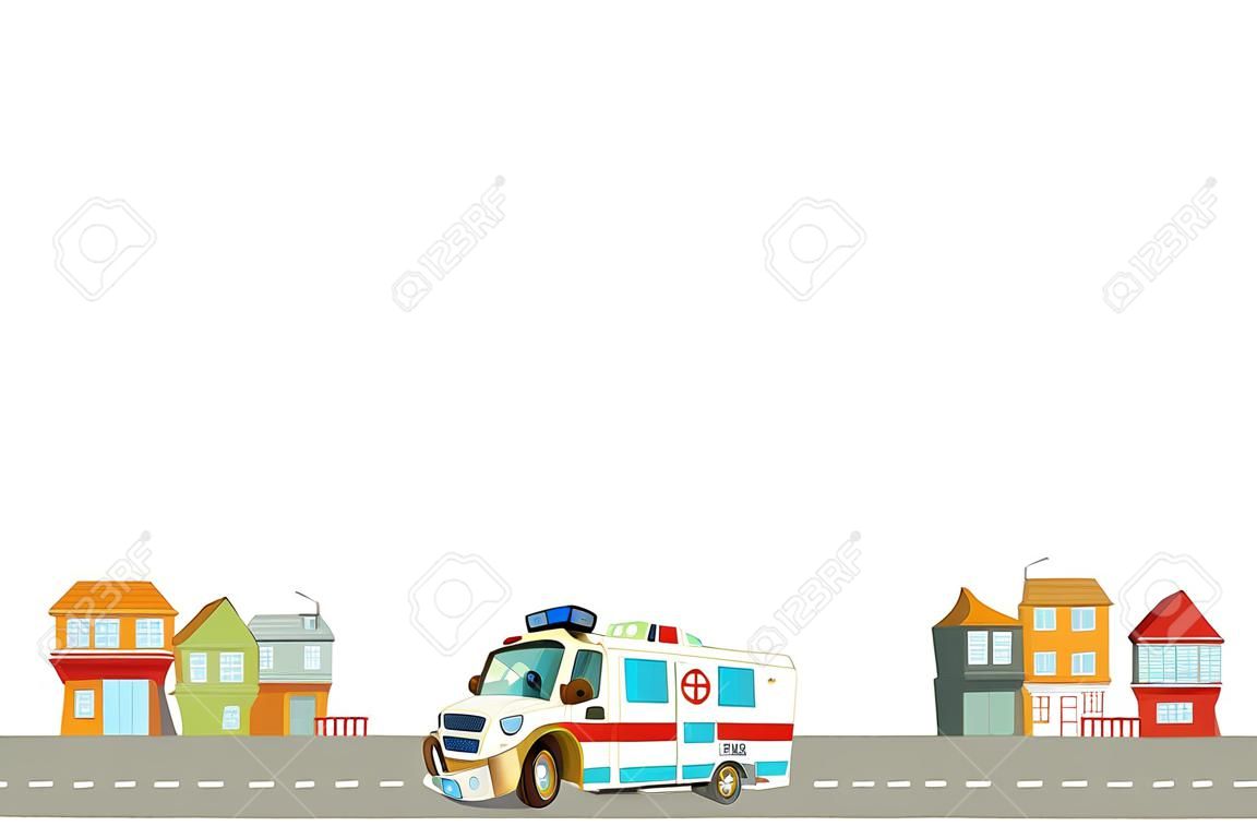 cartoon scene with ambulance in the city - border title page with white background - illustration for the children