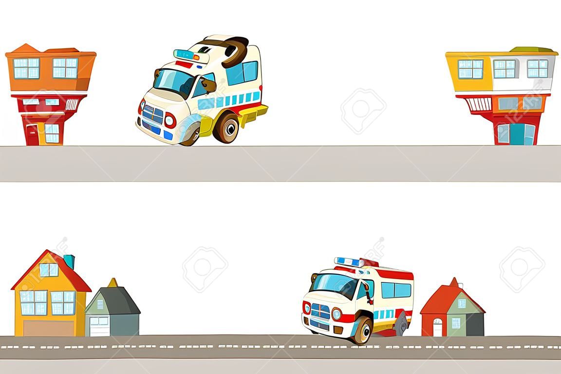 도시에서 구급차가 있는 만화 장면 - 흰색 배경이 있는 테두리 제목 페이지 - 어린이를 위한 그림