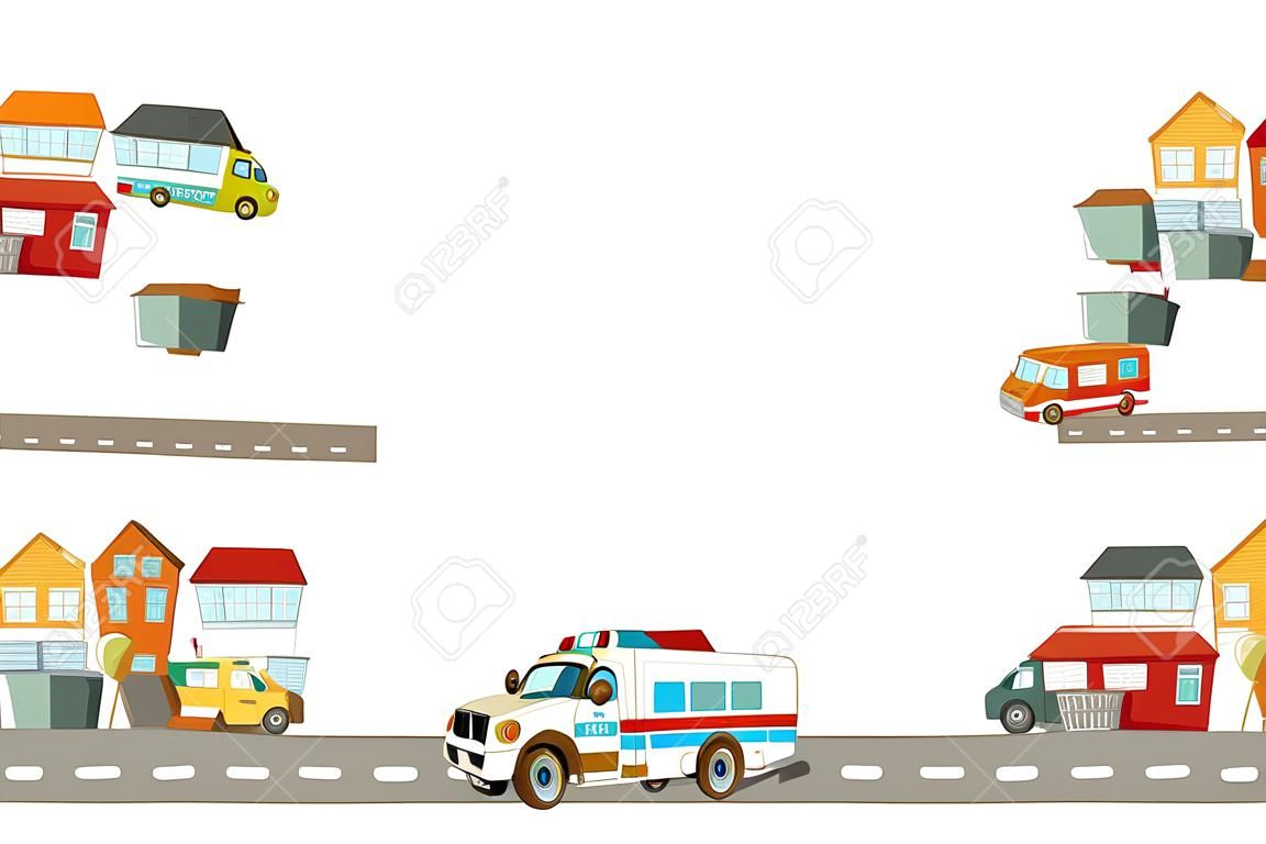 Cartoon-Szene mit Krankenwagen in der Stadt - Grenztitelseite mit weißem Hintergrund - Illustration für die Kinder