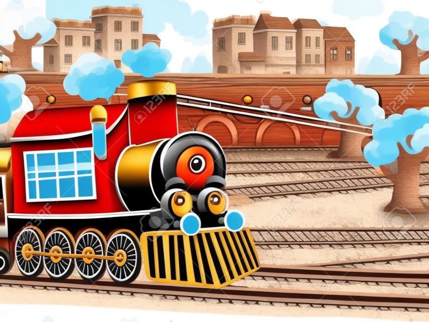Cartoon Dampf altmodische Zuglokomotive - Bahnhof - Illustration für die Kinder
